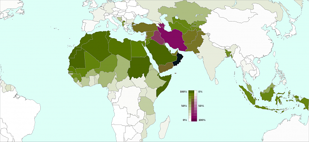 Vert : Sunnisme, Violet : Shî'isme (Iran et Iraq), Noir : Ibadisme (khâridjites)