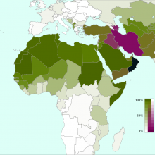 Vert : Sunnisme, Violet : Shî'isme (Iran et Iraq), Noir : Ibadisme (khâridjites)