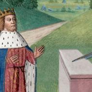 Perceval essayant d'ôter l'épée. BnF, La Quête du Saint Graal
