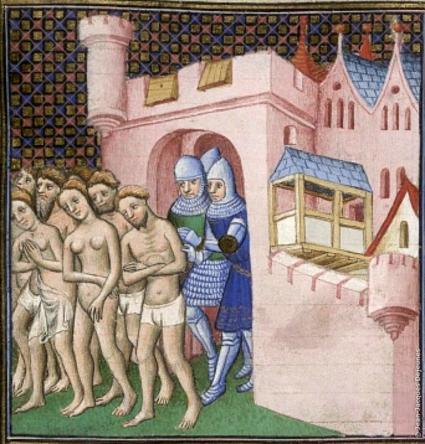 Expulsion des habitants de Carcassonne en 1209, Grandes Chroniques de France vers 1415. British Library